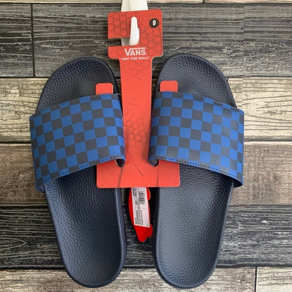 NWT! Vans Slides Black and Blue Checkers Size 9
